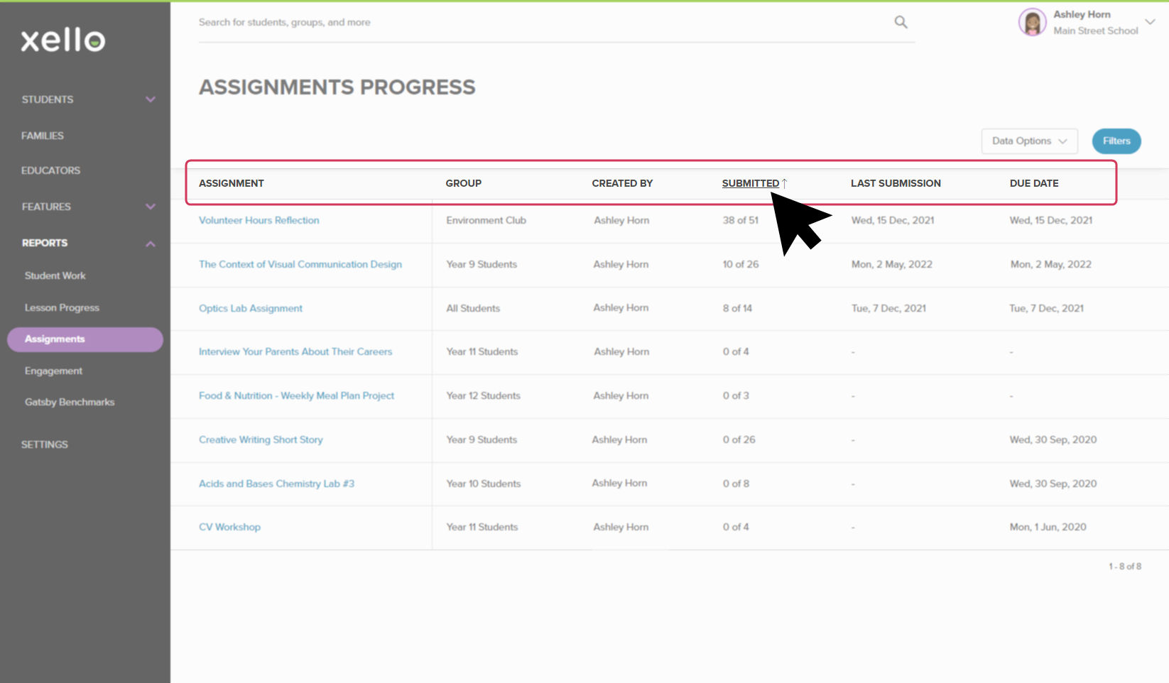 Filters menu open with the filters "Students with assessment results" and "Students without assessment results" selected